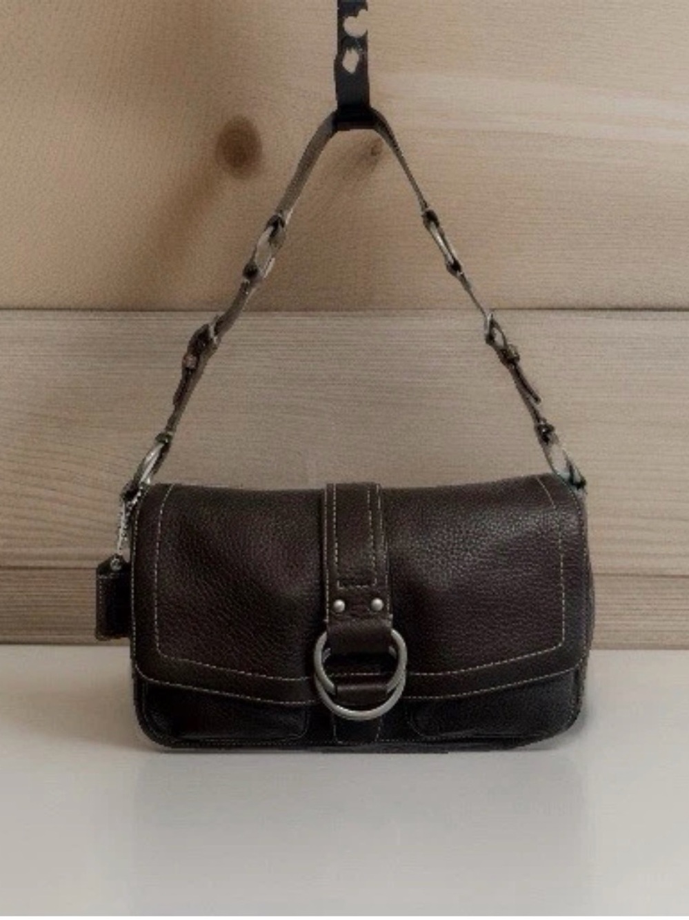 Coach Y2K F10893 Chelsea Vintage Top Flap Leather Shoulder Bag Pebbled Brown EUC